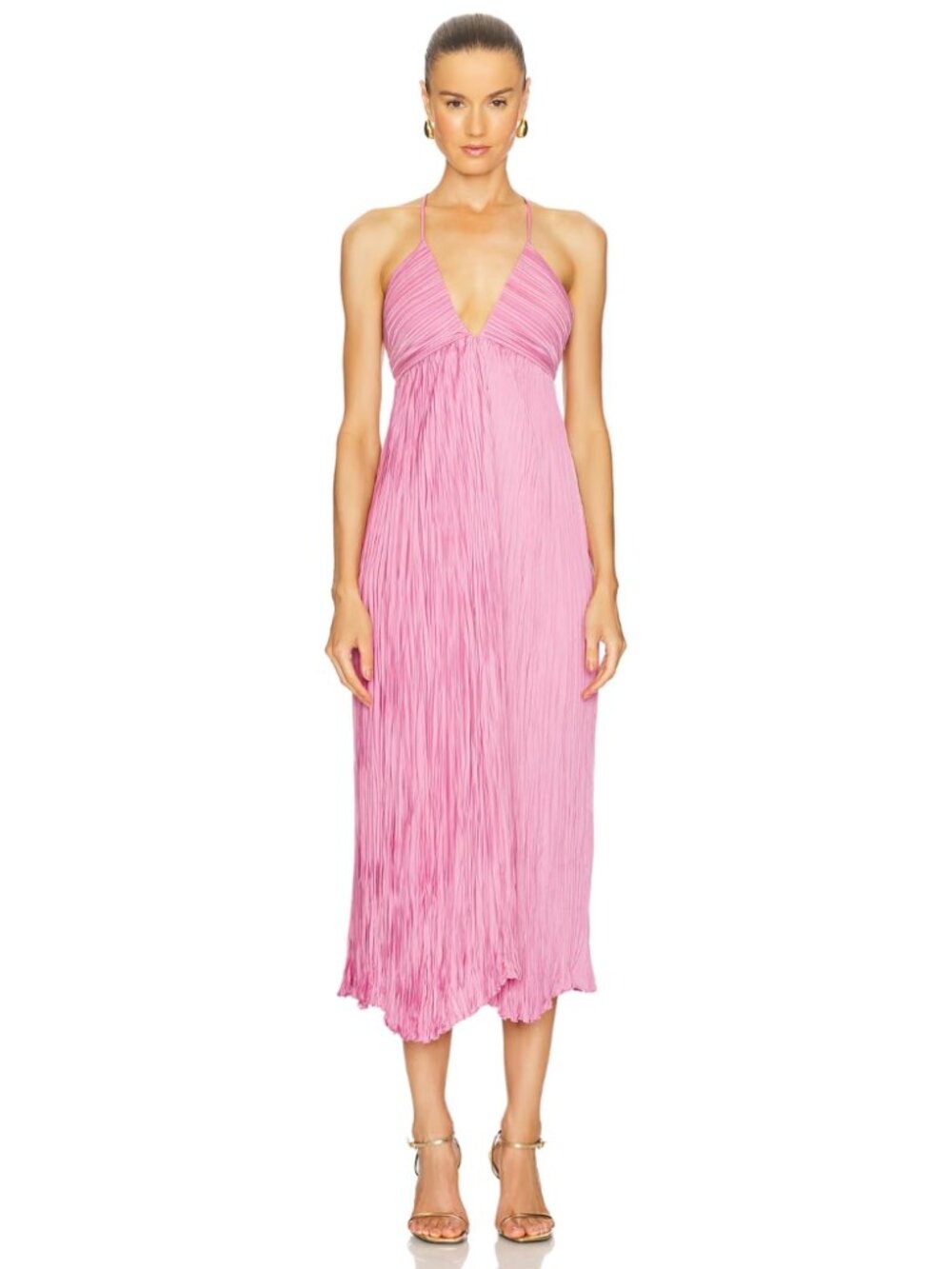 A.L.C. Angelina Pleated Midi Dress Pink Halter Plunged Neck Party Cocktail Sz 2